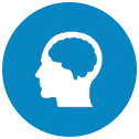 side profile of persons head icon, showing brain, blue circle background