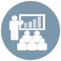 icon showing business person giving presentation of charts to a group of 5 employees, on gray circle background
