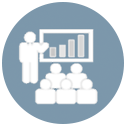 icon showing business person giving presentation of charts to a group of 5 employees, on gray circle background