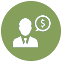 businessman icon with thought bubble including a dollar sign icon, green circle background