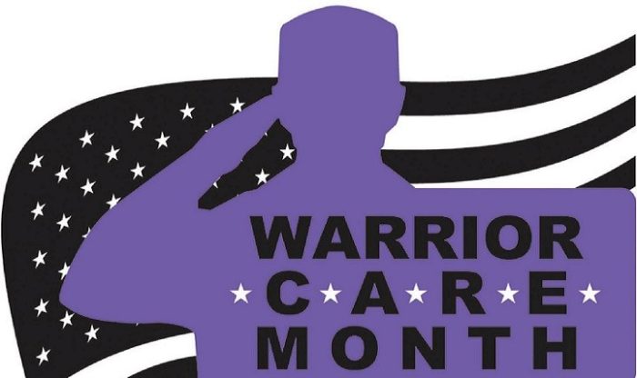 Purple silhouette of service member saluting, black and white American flag background, warrior care month.