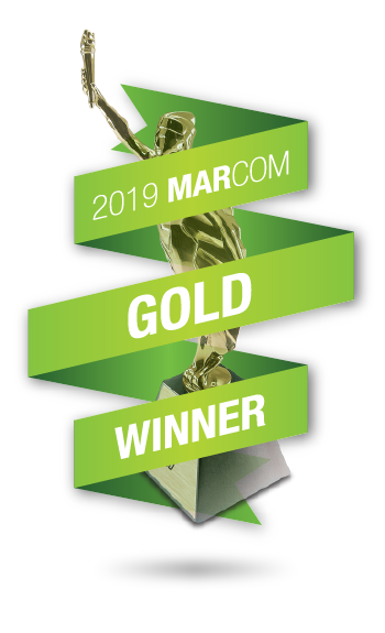 MarCom Award Gold Statue with green award ribbon, 2019 MARCOM GOLD WINNER
