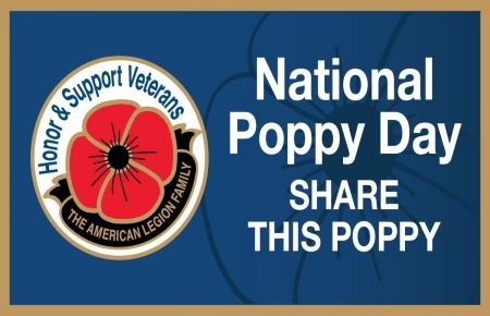 The American Legion Family Poppy logo with “Honor and Support Veterans wrapped around and “National Poppy Day Share This Poppy” in white text.