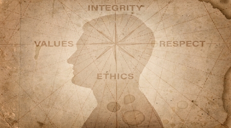 Silhouette of man’s side profile with compass- "integrity, respect, ethics, and values."