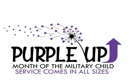 Purple dandelion blowing heart shaped seeds into the distant. Purple Up Month of the Military Child. Service comes in all sizes.