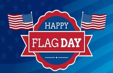 Happy Flag Day in red banner surrounded by two American flags.