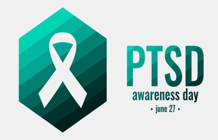 white ribbon in an ombre teal hexagon: “PTSD Awareness Day June 27th”
