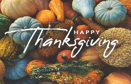 Gourds and small pumpkins; “Happy Thanksgiving.”
