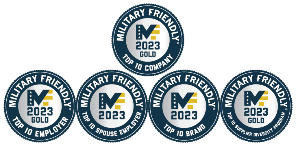 5 Round logos for Military Friendly 2023 Top 10 Gold Level awards