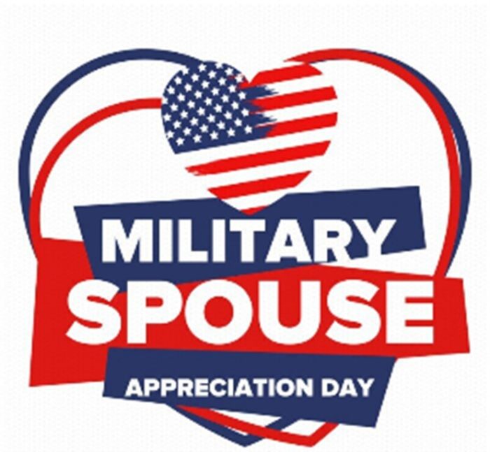 American flag in heart shape with white hearts surrounding. Military Spouse Appreciation Day.