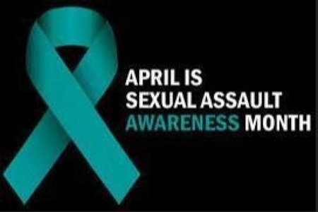 Teal crossed ribbon: April is sexual assault awareness month.