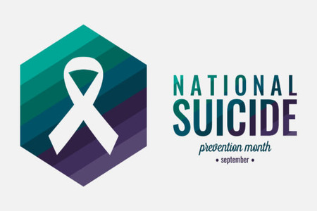 White ribbon with blue and purple ombre- “National Suicide Prevention Month, September”