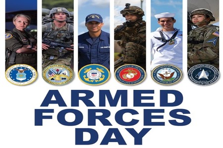 6 Different head shots of military members and their appropriate military seals. “Armed Forces Day.”