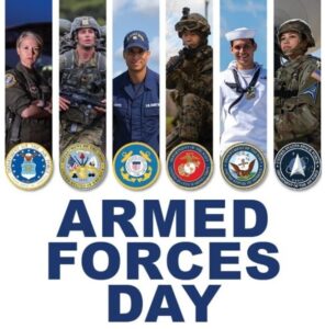 6 Different head shots of military members and their appropriate military seals. “Armed Forces Day.”